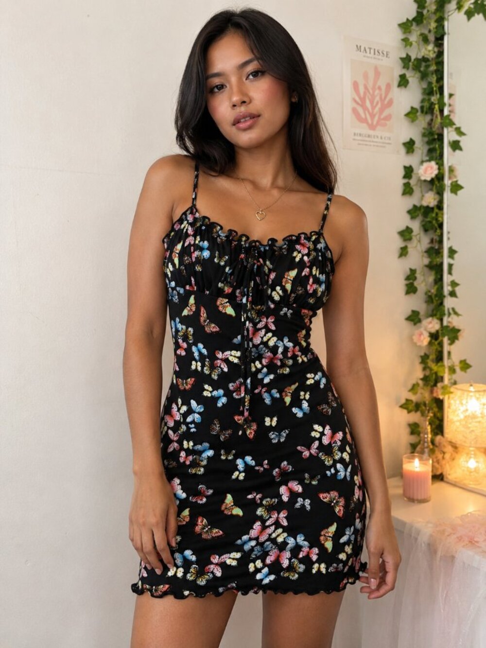 Liz & Sara Butterfly Print Bodycon Dress Size Small Black Floral Y2K Strap Mini